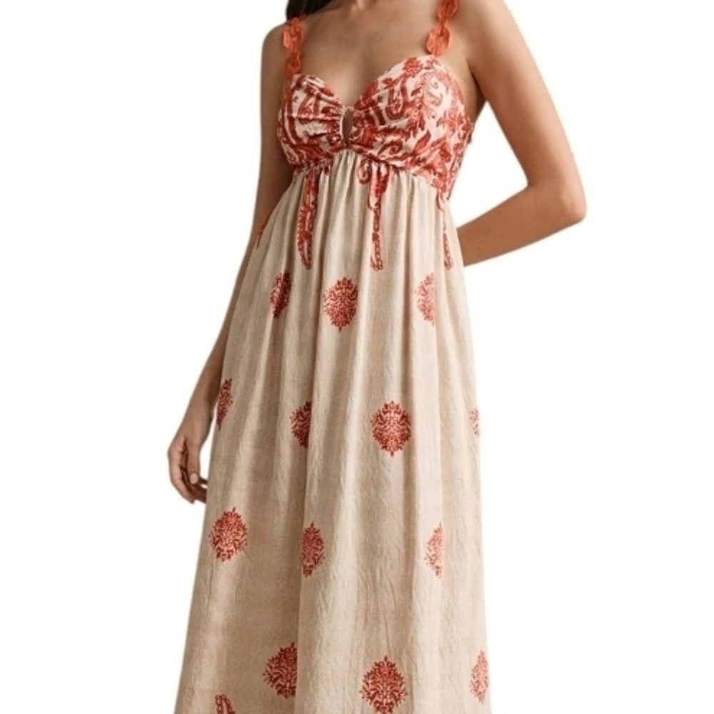 Beige Maxi Dress with Coral Printed Bodice and Accents